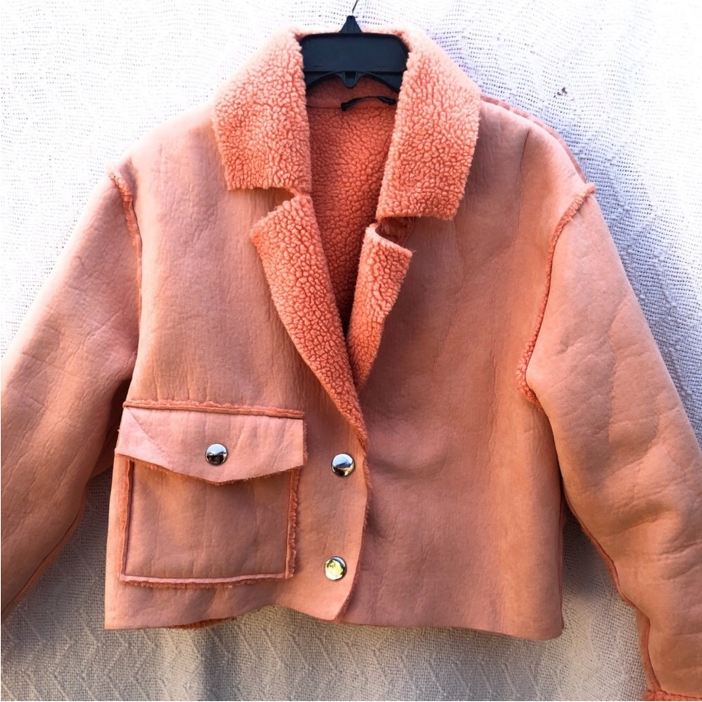 ❤️ ZARA Sherpa Faux Suede Crop Coat Pink Coral Jacket